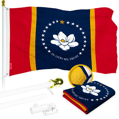 Combo: 6Ft Flagpole White & New Mississippi Magnolia Flag 3x5Ft Emb 300D Poly