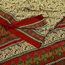 Vintage Sari Ivory Moss Crepe Printed Sarees 6yd Craft Fabric Sewing Floral Soft