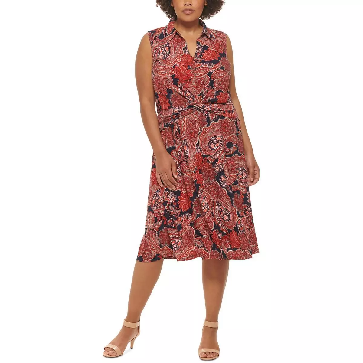 Tommy Hilfiger Womens Paisley Print Twist Front A Line Midi Dress