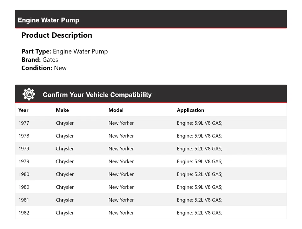 Puerta bomba agua motor Chrysler New Yorker 1977-1982 1978 1979 1980 1981 Foto 2 de 4