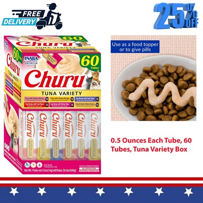 60 Tubes Churu Cat Treats, Grain-Free, 0.5 Ounces Each Tube, Tuna Variety Box
