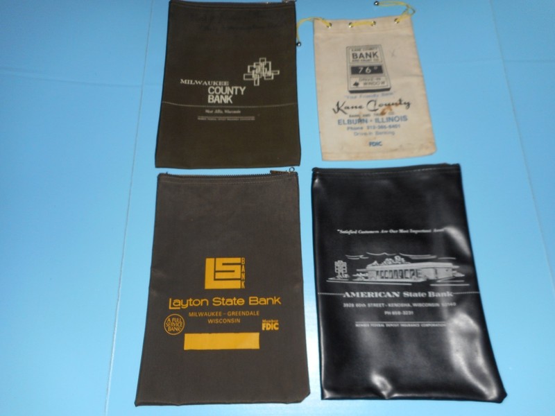 4  BANK DEPOIST BAGS Zip Pouch /Draw String/Wisconsin & Elburn Illinois Banks