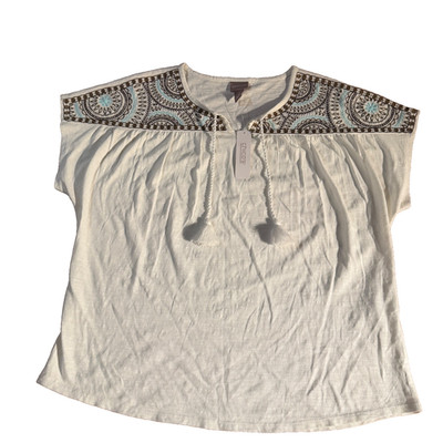 Chico s NWT EMBROIDERED NOTCH NK TASSEL TEE TOP SS KNIT PATTERN ALABASTER 2XL