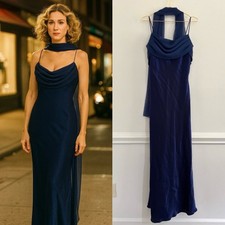 Blue Satin Maxi Dress With Scarf Sz XL Cobalt / Navy Vtg Y2K