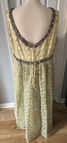 VTG Erlebacher Beaded Ball Gown Dress Sleeveless Yellow Silver Jackie Kennedy L - Picture 10 of 16