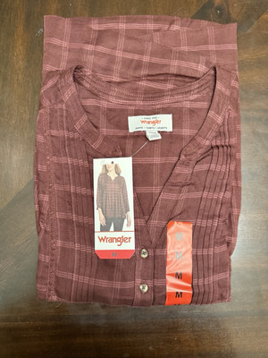 Wrangler Womens Blouse Brown Rust Plaid 3/4 Sleeves Lightweight Elastic Cuffs; M