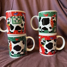 Set Of 4 Christmas Cow Mugs Coco Dowley Vintage ‘80s
