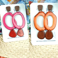 LOT of 2 TAGUA EARRINGS natural nut statement jewelry Unique Gift Ecuador 716