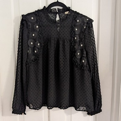 POL Womens Sheer Black Top SMALL Whimsigoth Swiss Dots Flowers Dressy Ruffle
