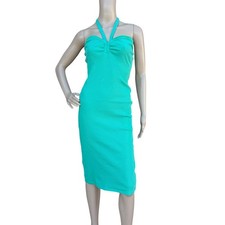 Nine West Halter Dress Turquoise Ribbed Knit Ruched Bodycon Size M