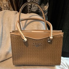 GUESS Beige Logo Print Satchel Top Handle Bag Double Handles Detachable Strap