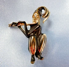 Vintage Tribal Native Flute Playing Man Jester Pin Brooch Figural Black Gold