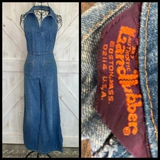 70's Vintage Landlubber Blue Jean Denim Halter Cowgirl Western Jumpsuit