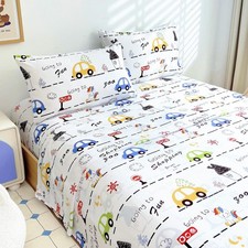 Full Sheet Set Kids - Car 4 Pieces Soft Microfiber Cartoon Style Bedsheets fo...