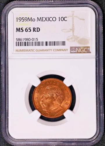 1959-MO MEXICO 10 Centavos Brass Coin Km 433 NGC MS65 RD