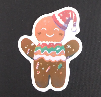 Happy Iced Gingerbread Man With Santa Hat Christmas Sticker 2.25'' x 1.75'' (AC)