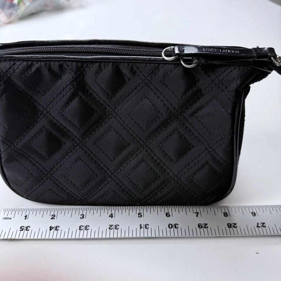 Estée Lauder Black Quilted Cosmetic Bag Travel Makeup Pouch 8” Silver Zipper - Image 4 of 4