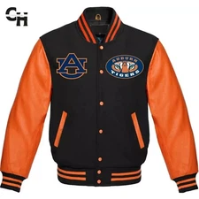 Letterman Auburn Tigers Black Wool And Orange Leather Sleeves Varsity Jacket