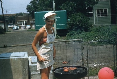 1957 Backyard BBQ Chef Wearing Hat Apron Grilling Red Border Kodachrome Slide