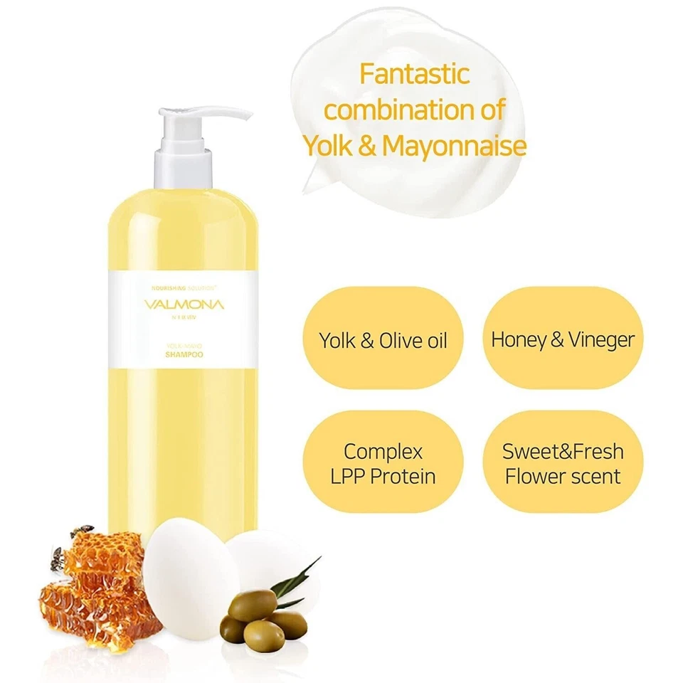 Juegos de champú y acondicionador nutricional profundo para huevos Valmona Ylok-Mayo 480 ml / K-Beauty Foto 2 de 4