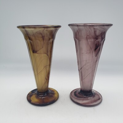 1920's Art Deco DAVIDSON Brown Purple Cloud Glass Trumpet Vase England 7.25'' T