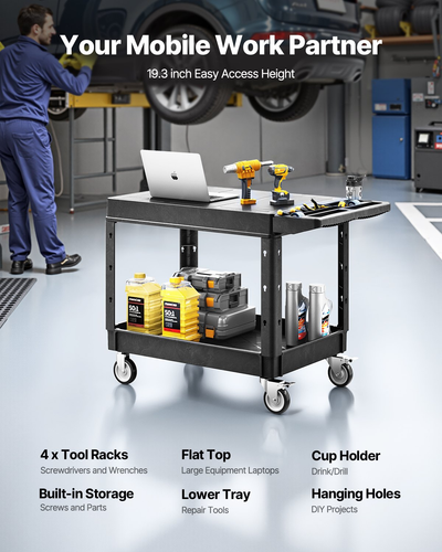 2-shelf Utility Cart 550 lbs 37 x 25.4-inch Service Cart with Wheels