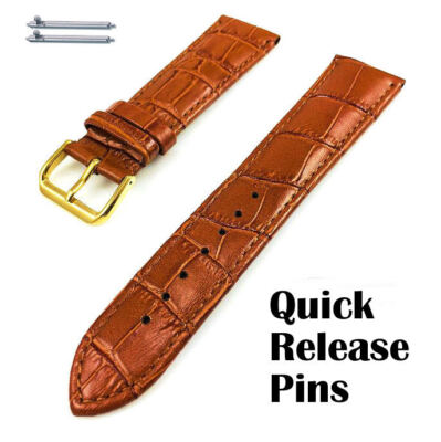 Light Brown Croco Leather Watch Band Strap Belt Gold Steel Buckle #1084