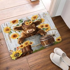 Cute Highland Cow Bath Rug Mat, Farmhouse Rustic Cattle Sunflower Western Fla...