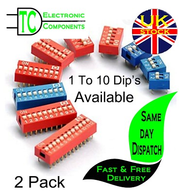 Slide Dip switch module 2.54mm SPST DIL package 2 pack 1 to 10 DIPs ...