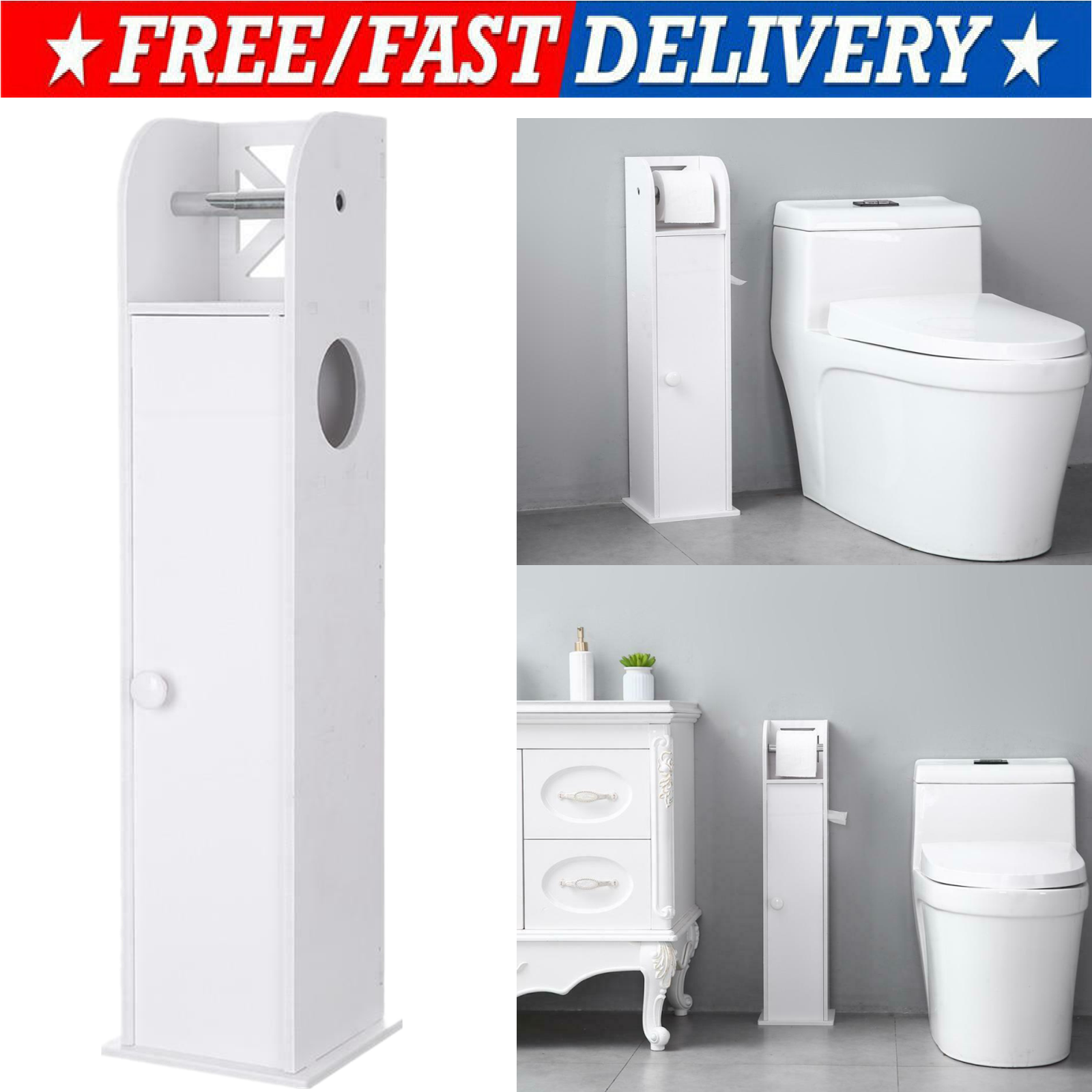 White Wood Free Standing Toilet Paper Roll Holder Bathroom Storage