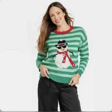 33 Degrees Women's Christmas Sweater Green Striped Snowman Holiday Graphic SMALL