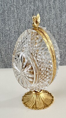 Very Fine French Cut Crystal & Dore Bronze Egg Container with 2 Perfume Bottles