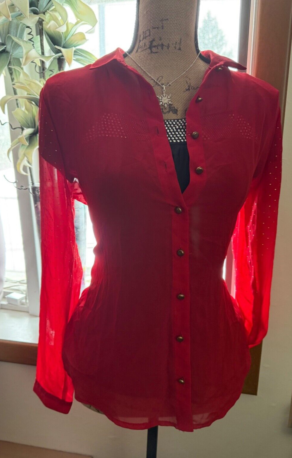 Notations Sheer, Red Studded Button-Up Blouse,  S… - image 5