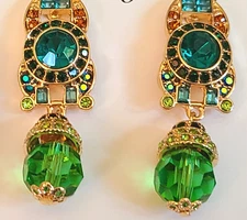FAB 2" UNSIGNED DESIGNER  STYLE ORNATE GREEN CRYSTAL RHINESTONE  DANGLE EARRING