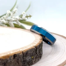 Christmas Gift Ring Silver High Polished Edge Fashionable Band 6mm Blue Tungsten
