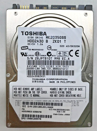200 GB SATA NOTEBOOK FESTPLATTE TOSHIBA MK2035GSS  4200RPM 2,5'' ZOLL #NFP678