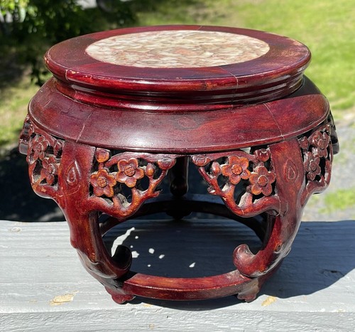Antique Chinese Hand Carved Wooden Prunus Cherry Blossom Stand w/ Marble Stone - Picture 2 of 9