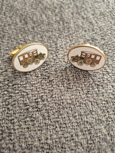Vintage Enamel Antique Car Automobile Yellow Gold Plated Cuff Links