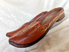 Vintage Mules Handmade Leather Wooden Sole Folk Art Slip On Shoes Size 7 - 7.5