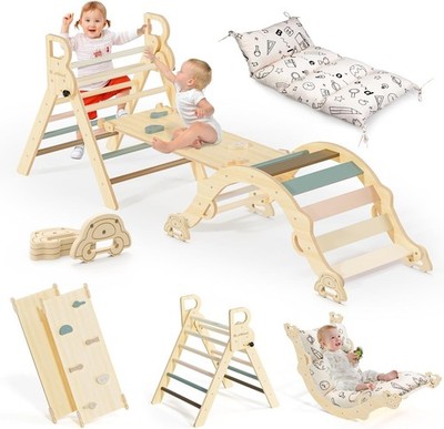 BlueWood Pikler Triangle Set with Cushion, 8-in-1 Climbing Toys for Toddlers, Mo