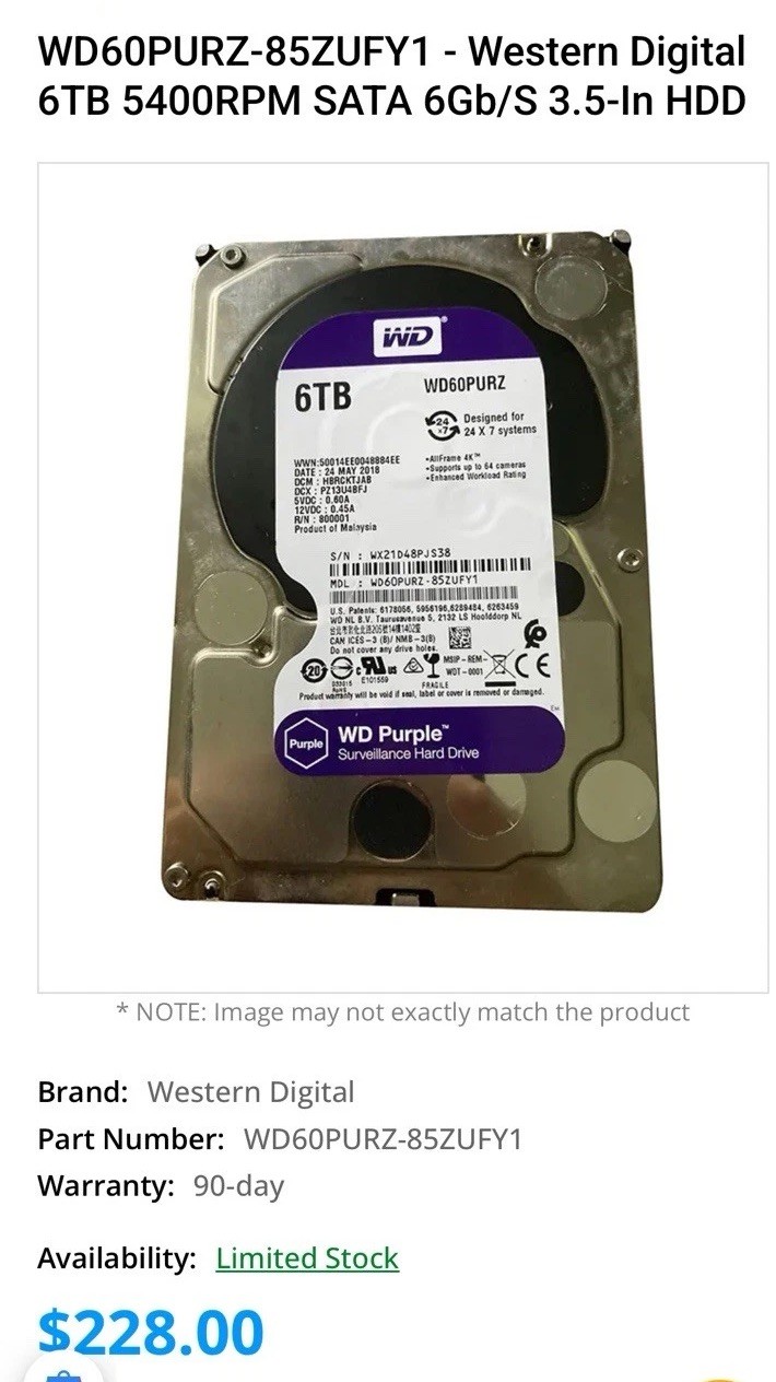 Western Digital 6TB Internal Surveillance Hard Drive Purple, 3.5