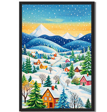 Cozy Winter Village Art Print Snowy Mountain Scene Framed Wall Decor