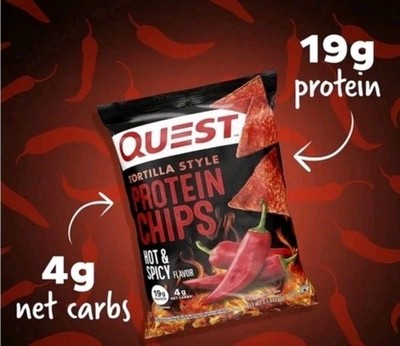 (12) Bags Quest Tortilla Style Protein Chips, Hot & Spicy  1.1oz BB 08/01/2026
