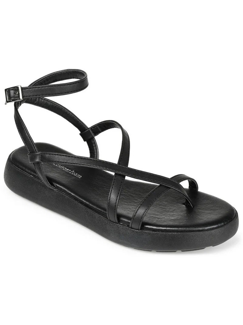 Journee Collection Womens 8.5M Jeselia Black Vegan Leather Flat Strappy Sandals