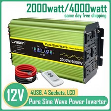 2000W 4000W Pure sine Wave Power Inverter 12V to 110V 4AC 4USB LCD Car Converter