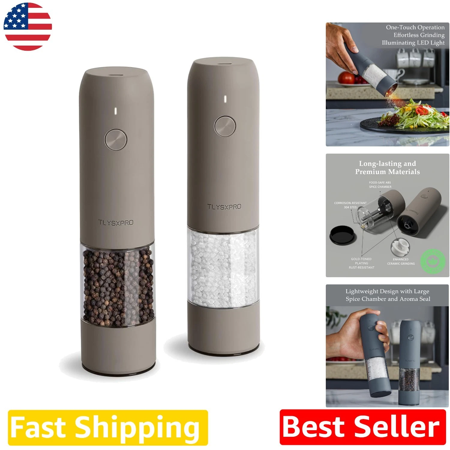 Electric Salt Pepper Grinders USB Rechargeable Adjustable Coarseness