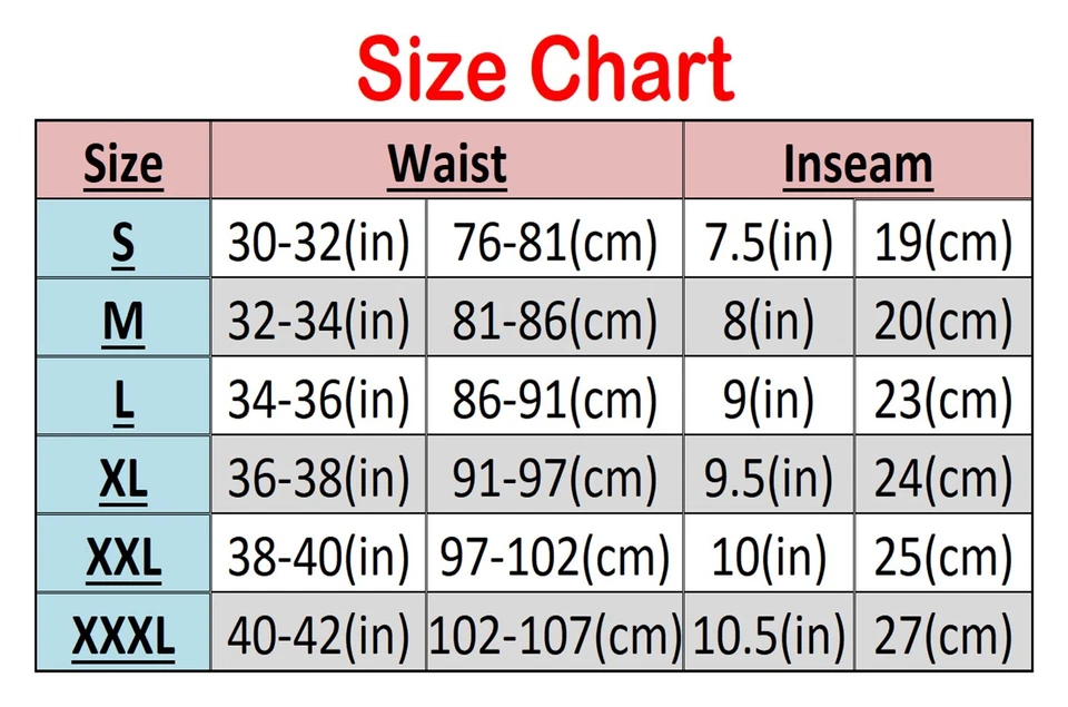  size chart with waist, and inseam measurements