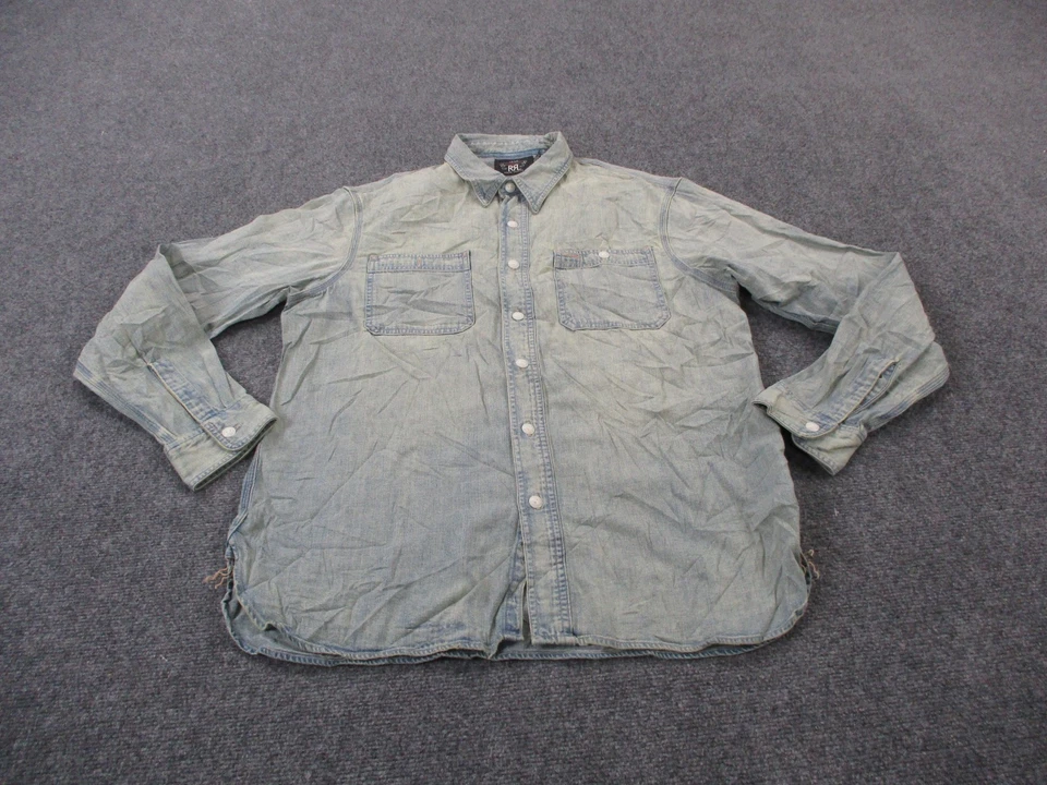 RRL Ralph Lauren Shirt Mens L Blue Denim Chambray Workshirt Double RL Indigo - Image 2 of 4
