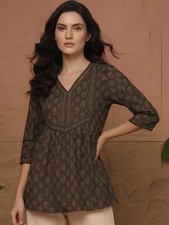Indian Women Brown Ethnic Motifs Cotton Printed A-Line Top Tunic Kurta Kurti