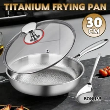 Uncoated Titanium Steel Kitchen Pans 30Cm Non-Stick Frying Pan w/ Lids Shovel